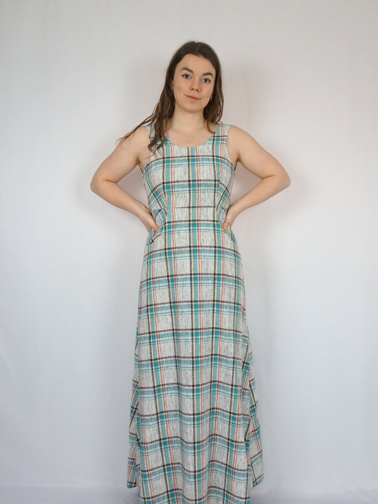 Blue White Checkered Maxi Dress - XS