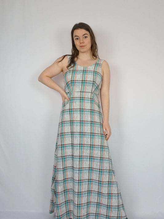 Blue White Checkered Maxi Dress - XS