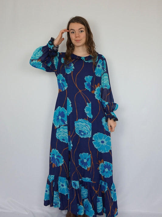 Blue Floral Maxi Dress - L