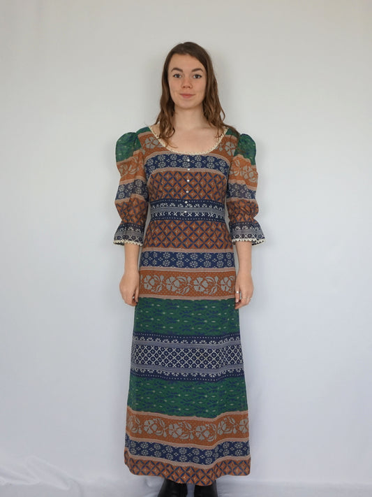 Autumnal Patterned Prairie Dress - S