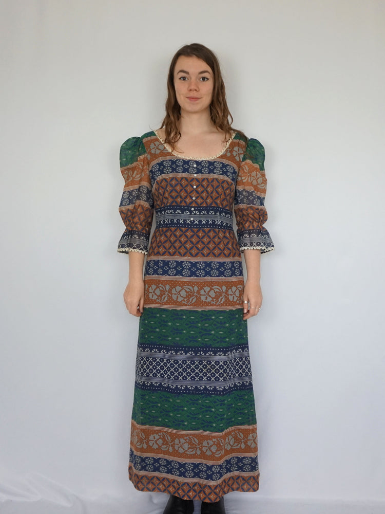 Autumnal Patterned Prairie Dress - S