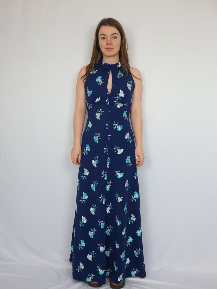 Navy Embroidered Maxi Dress - S