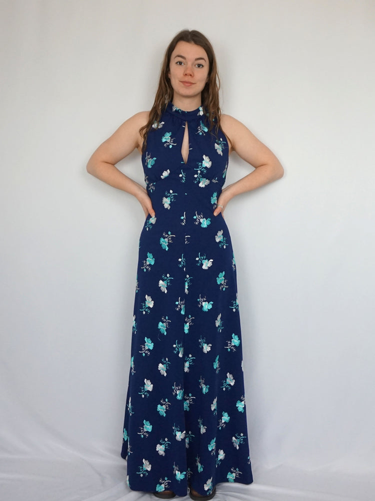 Navy Embroidered Maxi Dress - S