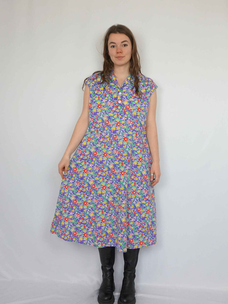 Purple Ditsy Floral Cotton Dress - L