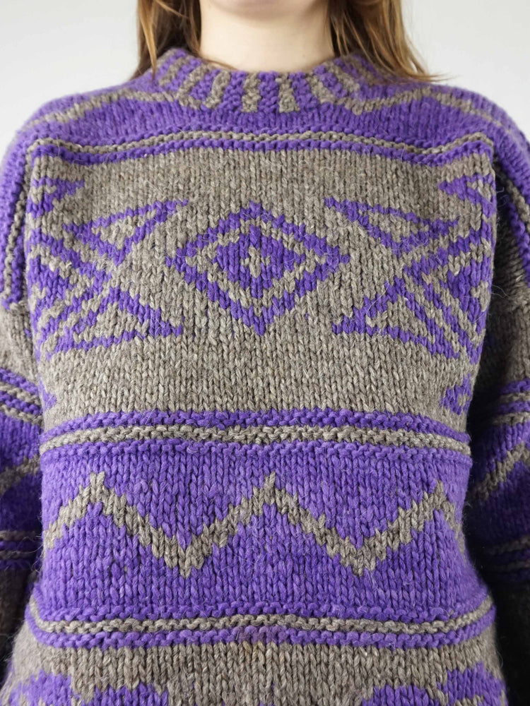 Purple Grey Chunky Wool Jumper - XL